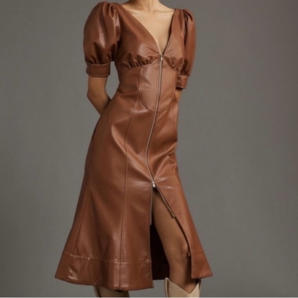 Anthropologie Brown Faux Leather Midi Dress